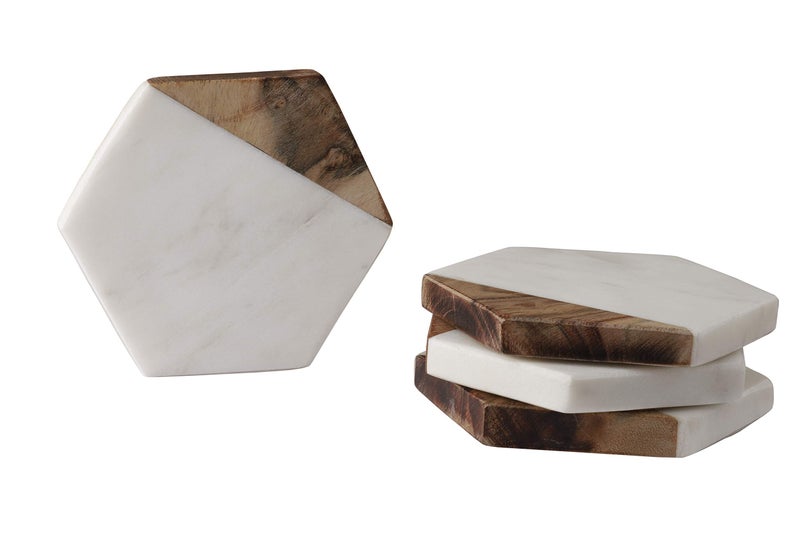 GoCraft Marble & Mango Wood Coasters - Set of 4 Handcrafted Geometric White Marble Coasters for Drinks, Wine Glasses, Beverages, Cocktails & Bar Glassware, Elegant Home Decor & Bar Accessories - Image 2